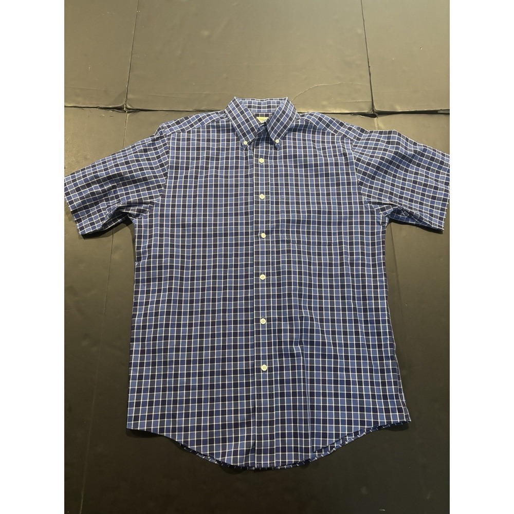 TravelSmith Men's Regular Fit Blue Plaid Short Sleeve Button-Down Cotton Shirt
